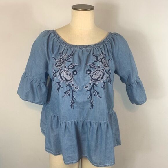 American Vintage Tops - Vintage America Embroidered Off Shoulder Top Blouse Small